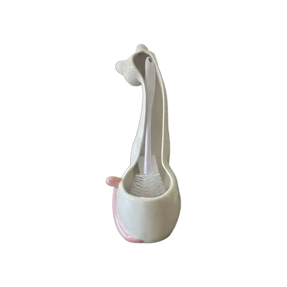 New Vintage Style Ceramic Retro Girl White Cat Toilet Bowl Brush Holder Set